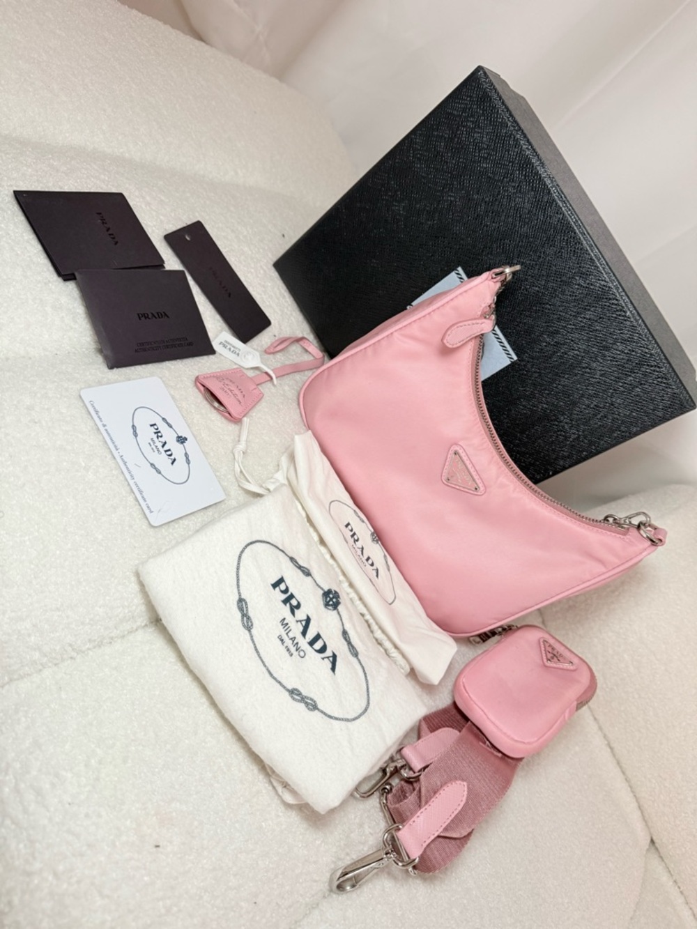 Prada Pink Nylon Shoulder Bag with Matching Strap and Pouch